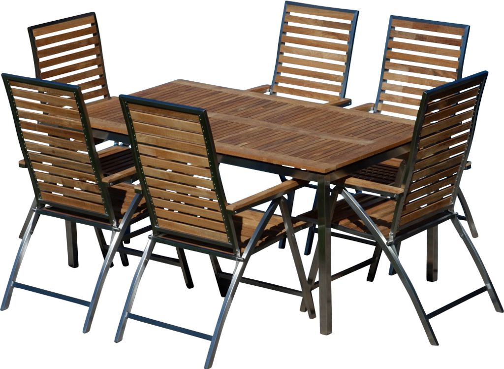 ALEOS. Gartengarnitur Edelstahl Teak Set: Tisch 160x90 cm + 6 Teak-Edelstahl Hochlehner, Sitzgruppe A-Grade Teak Holz - Gartenmöbel Set 6 Personen...