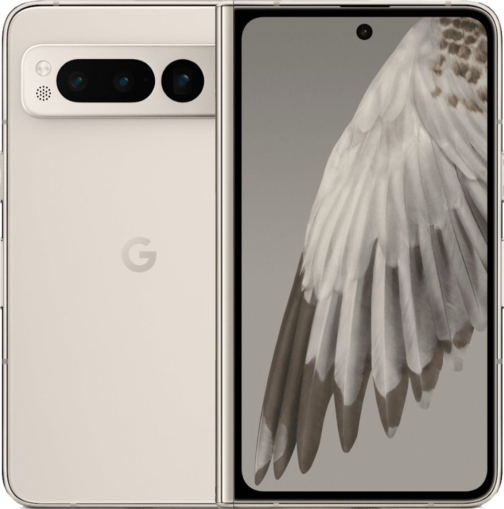 A folded smartphone is shown from the front, with the screen displaying an image of bird feathers. The back of the phone is visible on the left, showing the camera array and the Google logo.