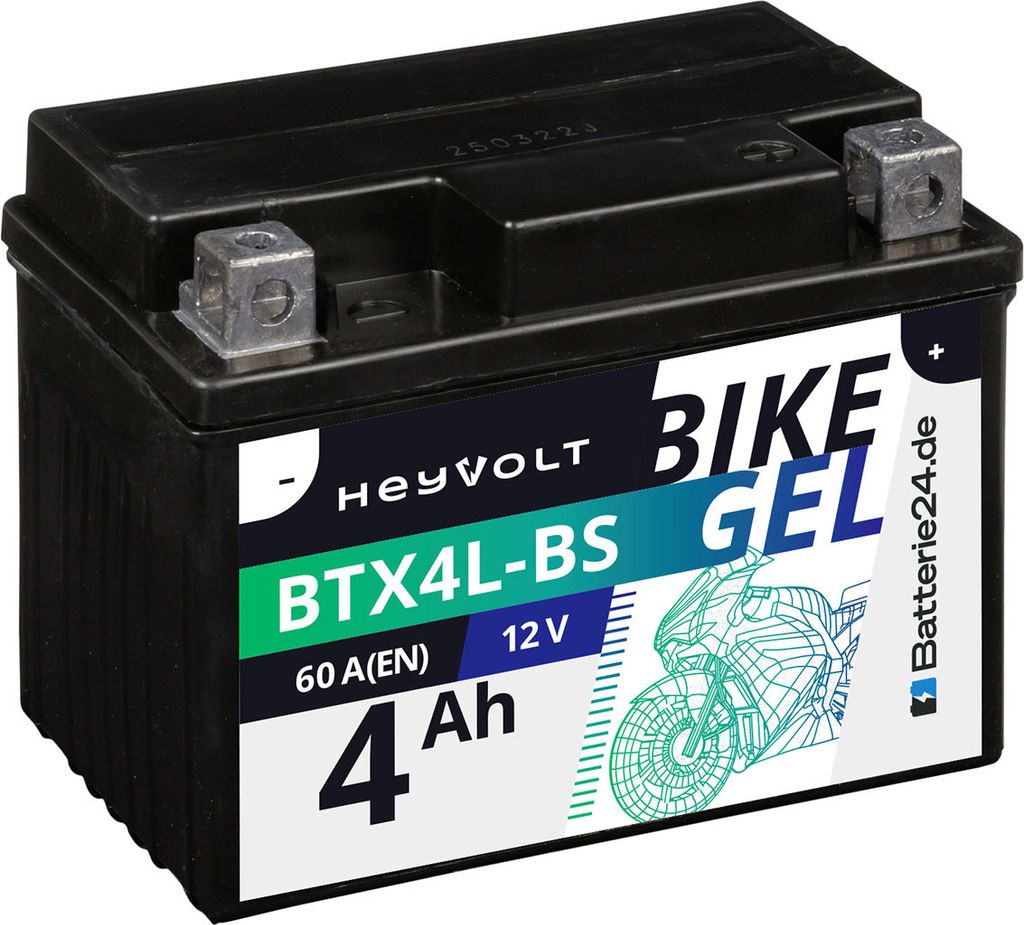 HeyVolt Motorradbatterie GEL 50314 BTX4L-BS ersetzt YTX4L-BS 12V 4Ah