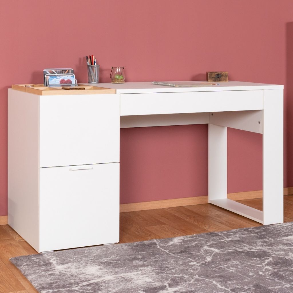 Schreibtisch Minnea 37, Farbe: Weiß / Eiche - Abmessungen: 78 x 142 x 64 cm (H x B x T)
