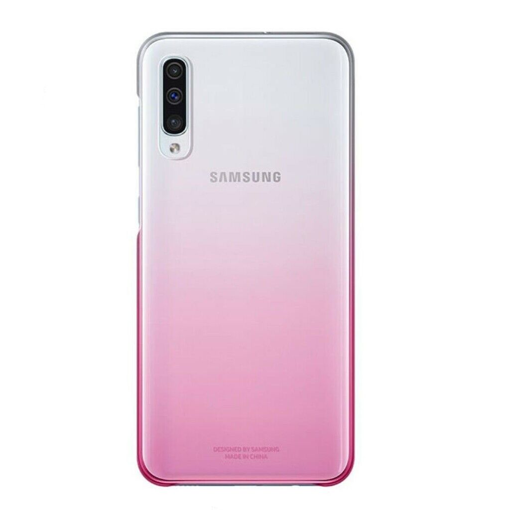 The back of a Samsung phone with a pink and white gradient.