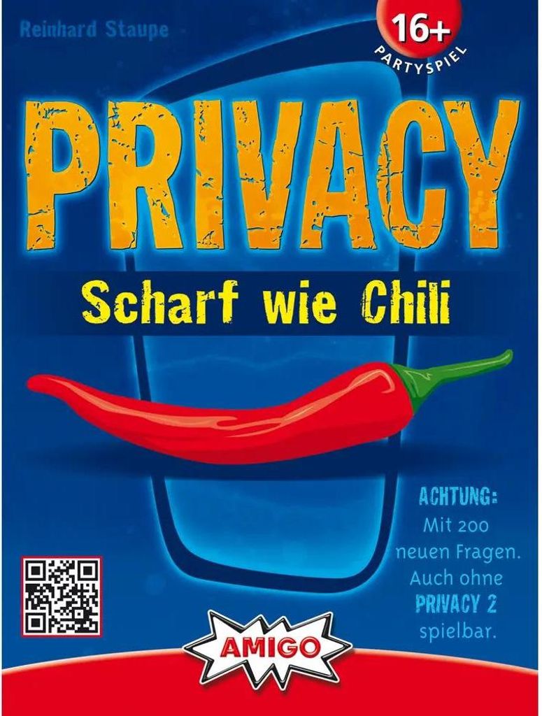 The image is a product shot for a board game titled 'Privacy - Scharf wie Chili'. It features the game's title prominently, along with an illustration of a red chili pepper and some text indicating age restrictions and game features.