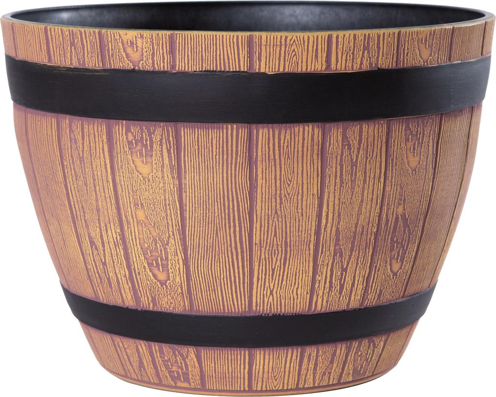 Jinfa Blumenkübel aus Kunststoff im Eichenfass-Design | hellbraune Holzoptik Stil 1 | Ø 38cm x 27cm, 19 Liter | 1 Pflanzgefäß in Fass Optik | I...