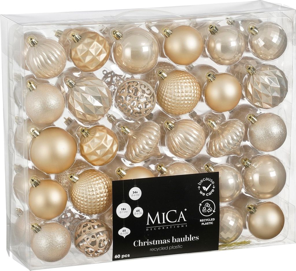 Mica Decorations Weihnachtskugeln Set - 60 Stück - Ø7 cm - Unzerbrechlich - Cremefarben