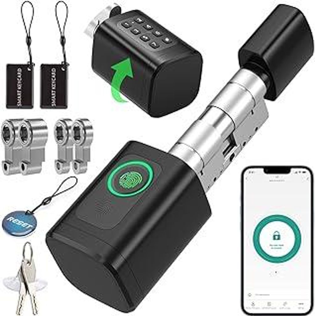 FITNATE Fingerabdruck Smart Lock, Elektronisches Türschloss Haustürschloss, Verstellbarer Schließzylinder 60-80mm, öffnen mit Fingerabdruck, Pa...
