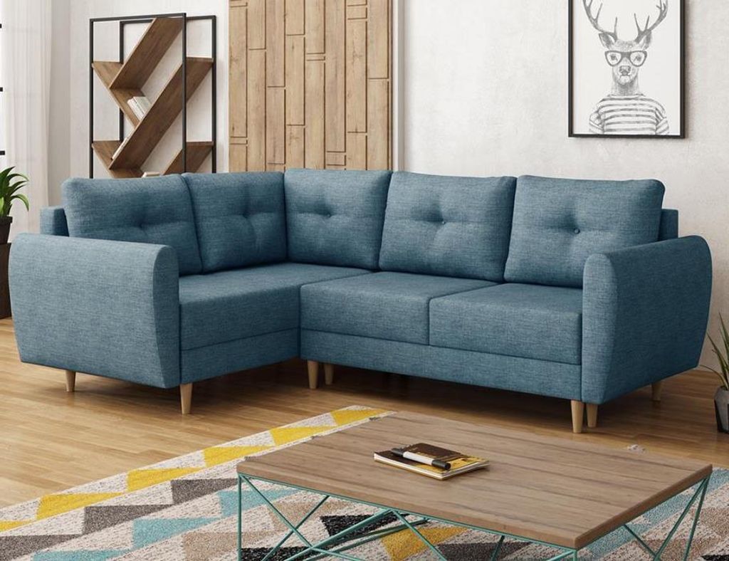 Easy4You Blau Ecksofa Manstad in L-Form 234x90x160 cm mit Schlaffunktion und Bettzeugbehälter - Schlafsofa mit Bettkasten und Holzfüße - Eckcouc...