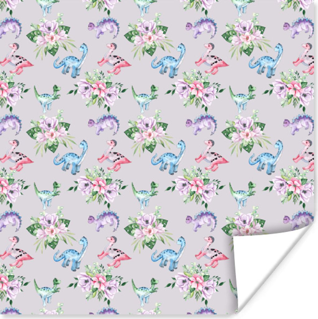 MuchoWow Poster Kinderzimmer - Dinosaurier - Blumenarrangements - Mädchen - Kinder - Rosa - Kinder 30x30 cm - Wandposter - Printing