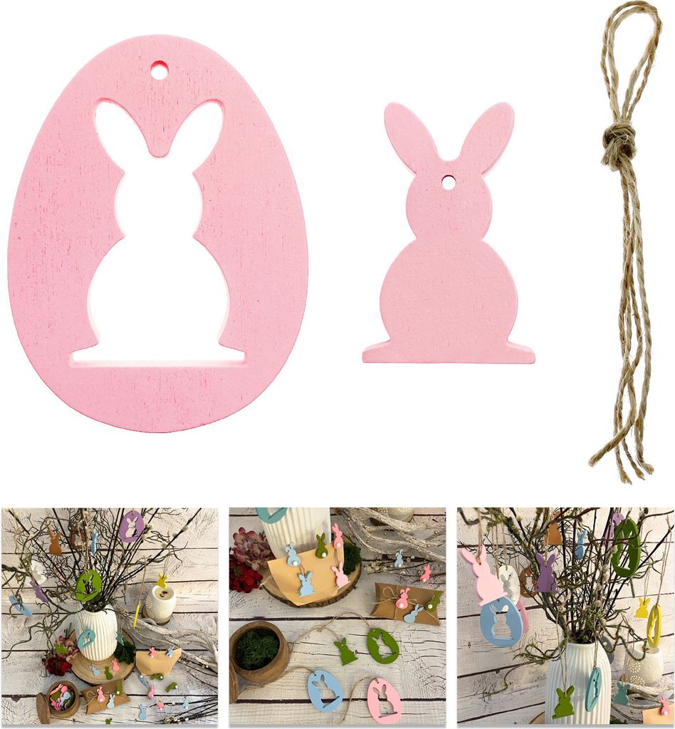 Oblique Unique Holz Osterei und Osterhase Anhänger Hängedeko für Osterstrauß Deko aus Echtholz für Ostern Basteln - rosa