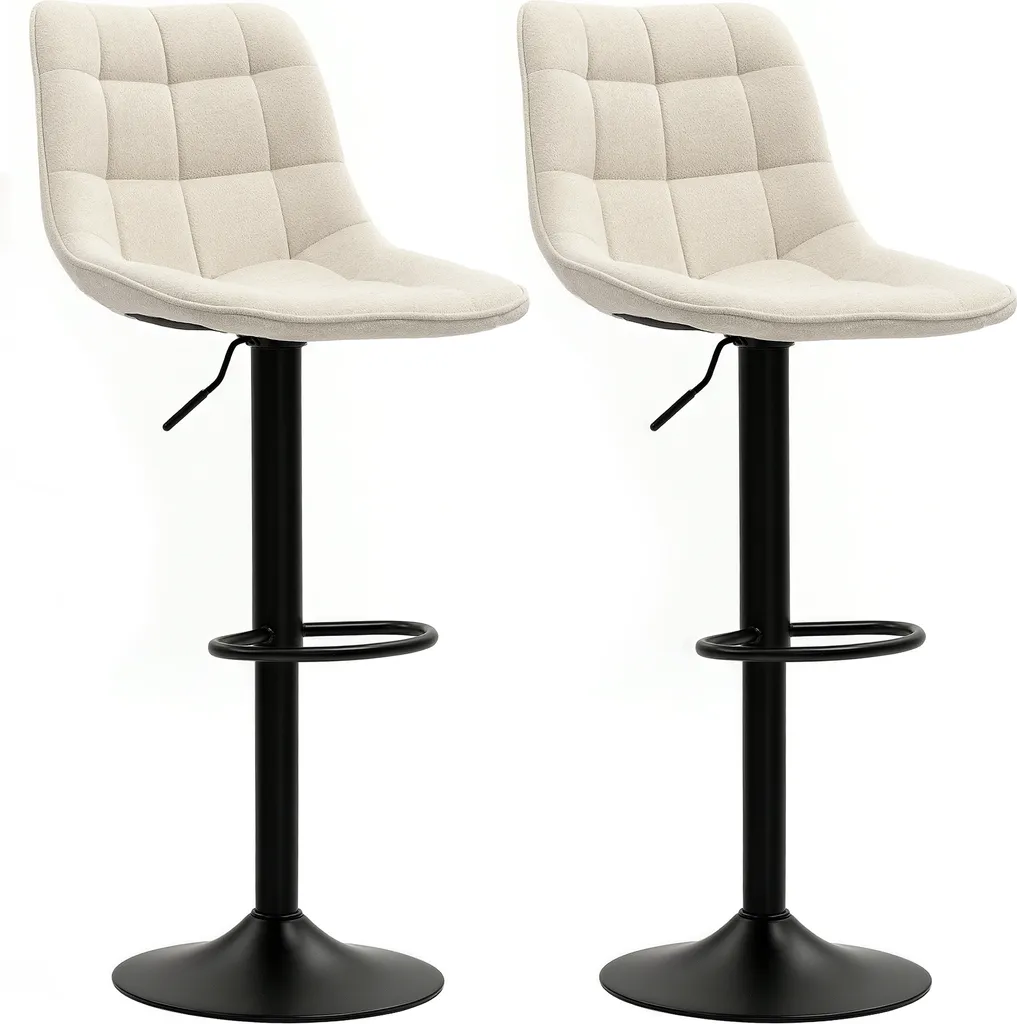 HOMCOM Sgabello da bar set di 2, sgabello da bar imbottito con schienale, struttura in acciaio, look ciniglia, sedie da cucina regolabili in altezza con poggiapiedi Sgabello girevole a 360° per cucina, soggiorno Beige