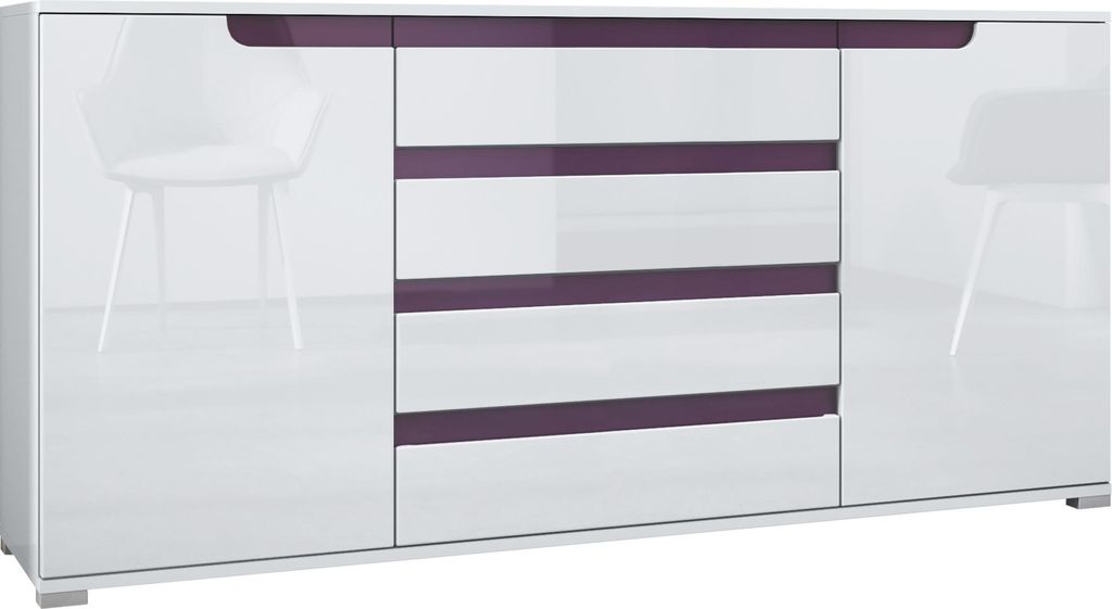 Vladon Sideboard Sylt V2, Kommode mit 2 Türen und 4 Schubladen, Korpus - Weiß matt / Front - Weiß Hochglanz / Absetzung - Brombeer Hochglanz (16...