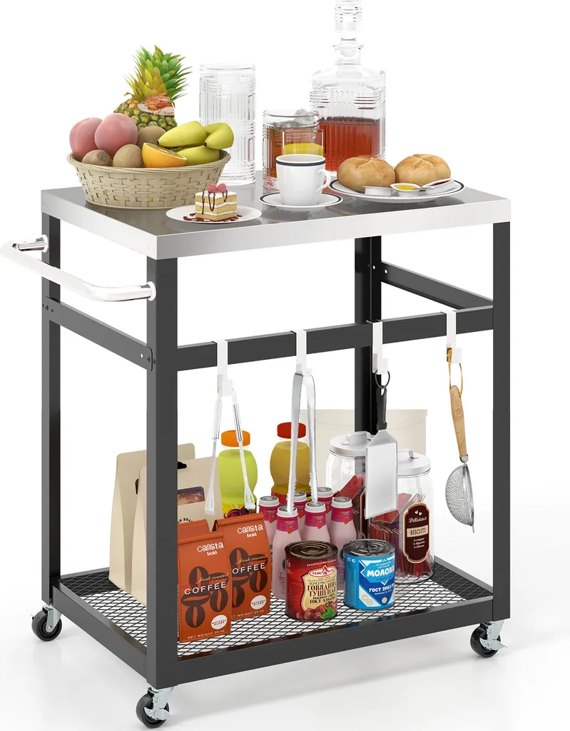 Gagnez de la place avec ce chariot barbecue inox à 2 étages et crochets
