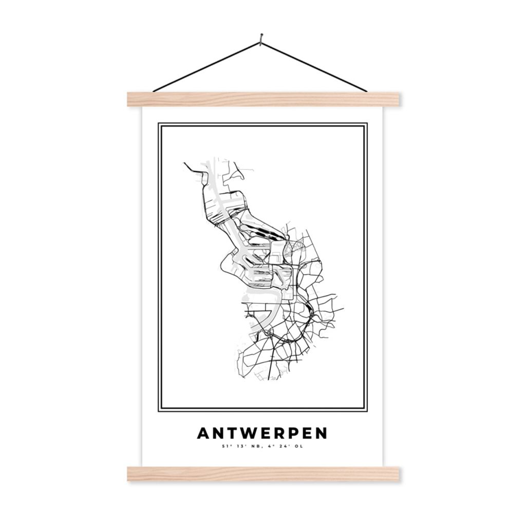 MuchoWow Textilposter Stadtplan - Schwarz und weiß - Karte - Antwerpen - Belgien 60x90 cm mit holzfarbenen Rahmen - Textil