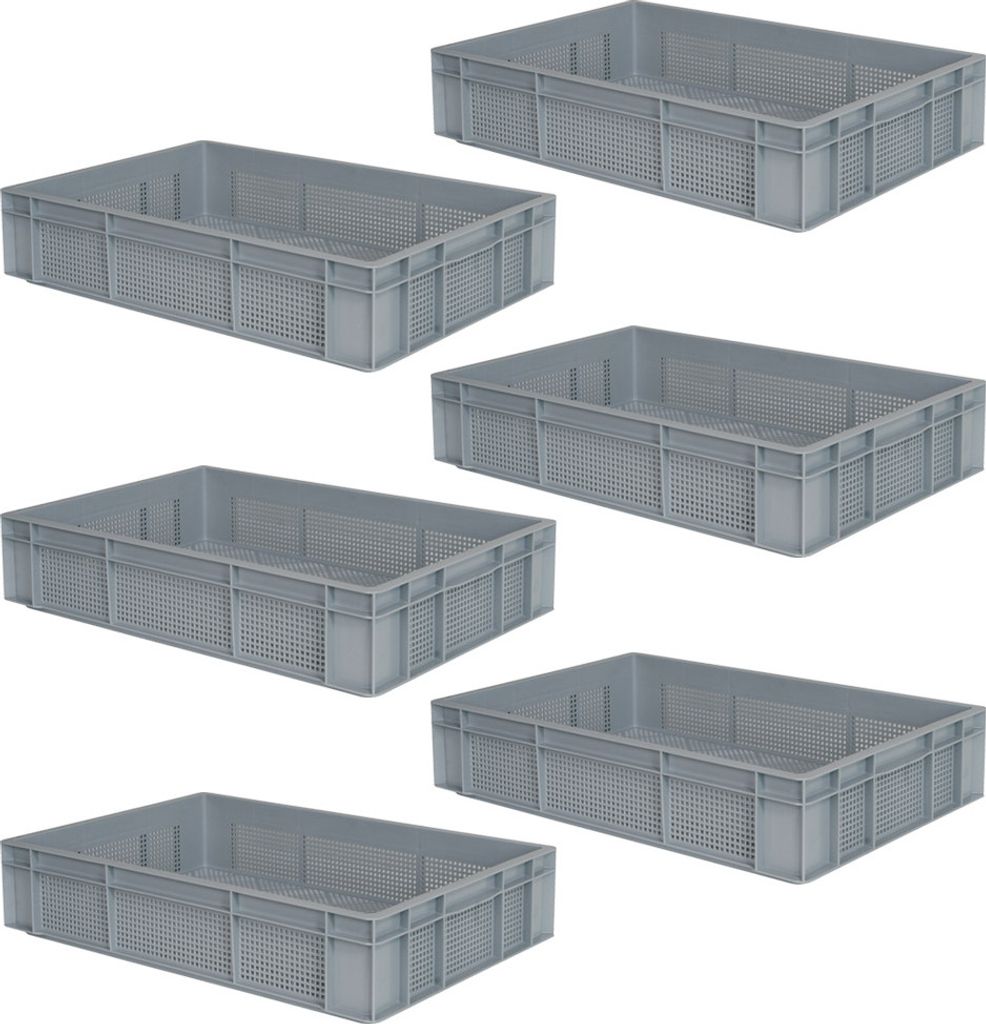 6 Eurobehälter mit 2 Griffleisten, LxBxH 600x400x125 mm, 23 Liter, gelocht, grau