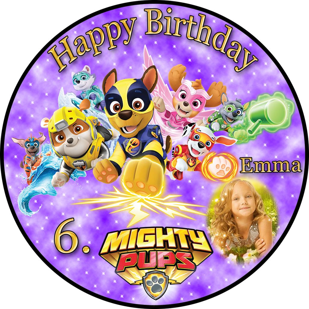 Tortenaufleger Fototorte Tortenbild Kindergeburtstag Paw Patrol Mighty Pups PP04 (Zuckerpapier) Rund 14 cm Ø mit Foto Violett