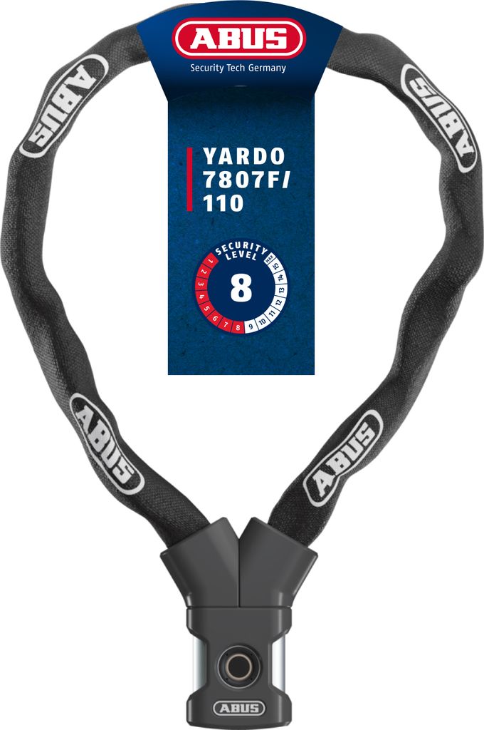 A bicycle chain lock with its packaging tag.