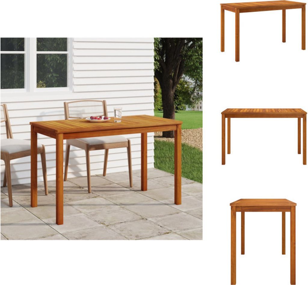 A collage of images showing a wooden garden table from different angles and in a setting.