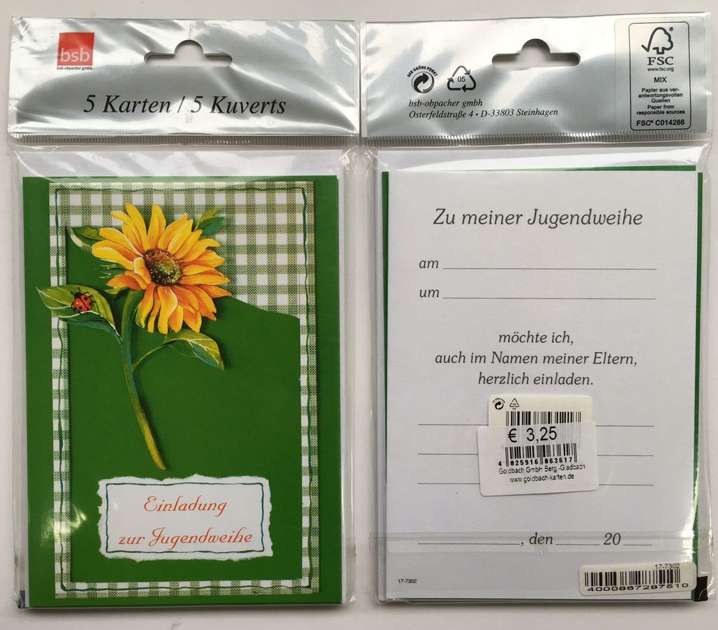 Jugendweihe - Einladungen - 5 Karten – 5 Umschläge – im Format