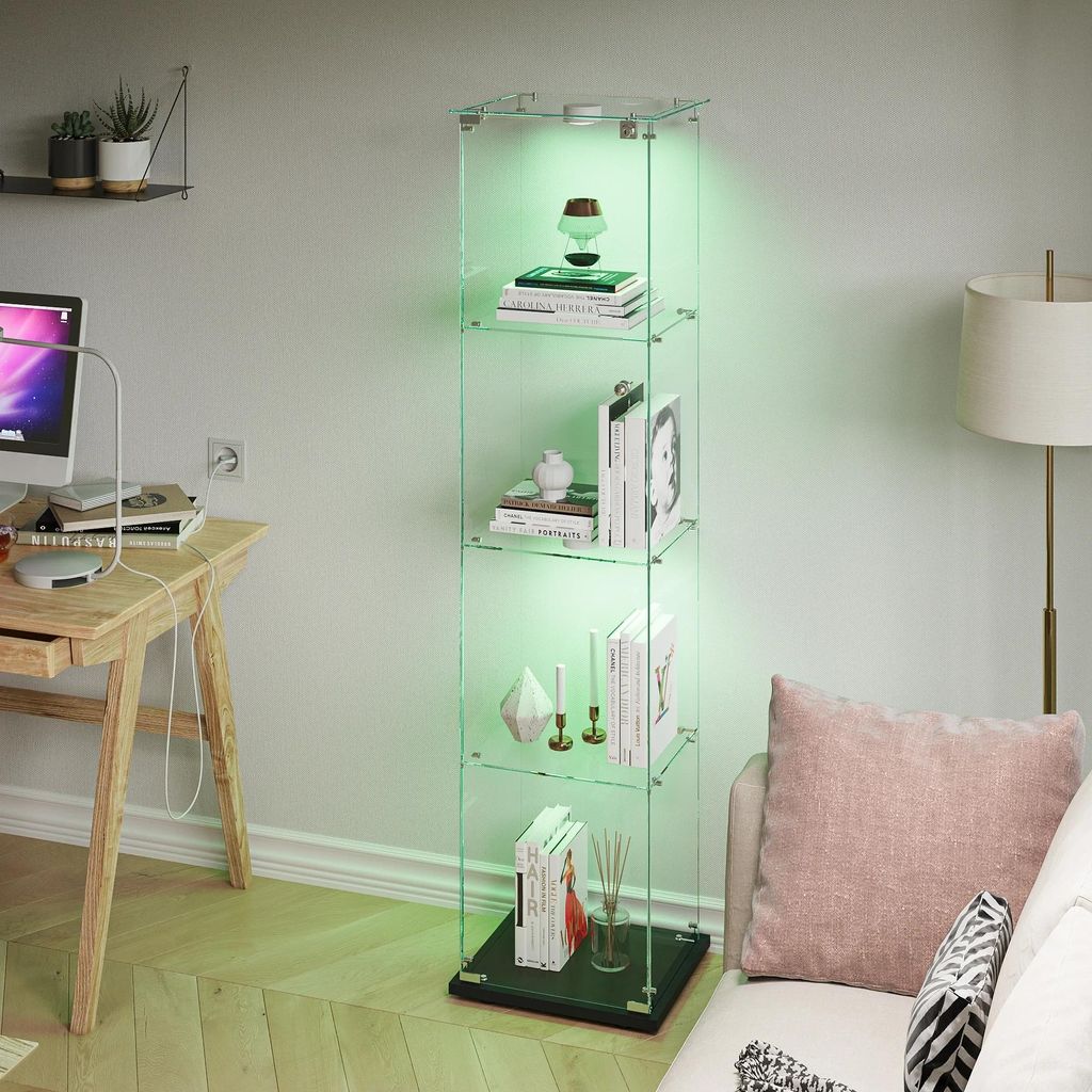 Standvitrine aus Glas - A1 - LED-Lampe - 2 Türen - 4 Einlegeböden - Modernes Design - Schwarz