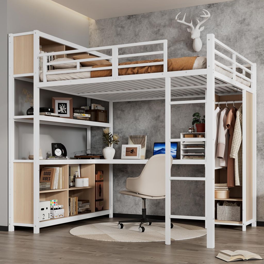 A loft bed with a desk and wardrobe integrated into its structure, set in a room with a concrete-style wall.