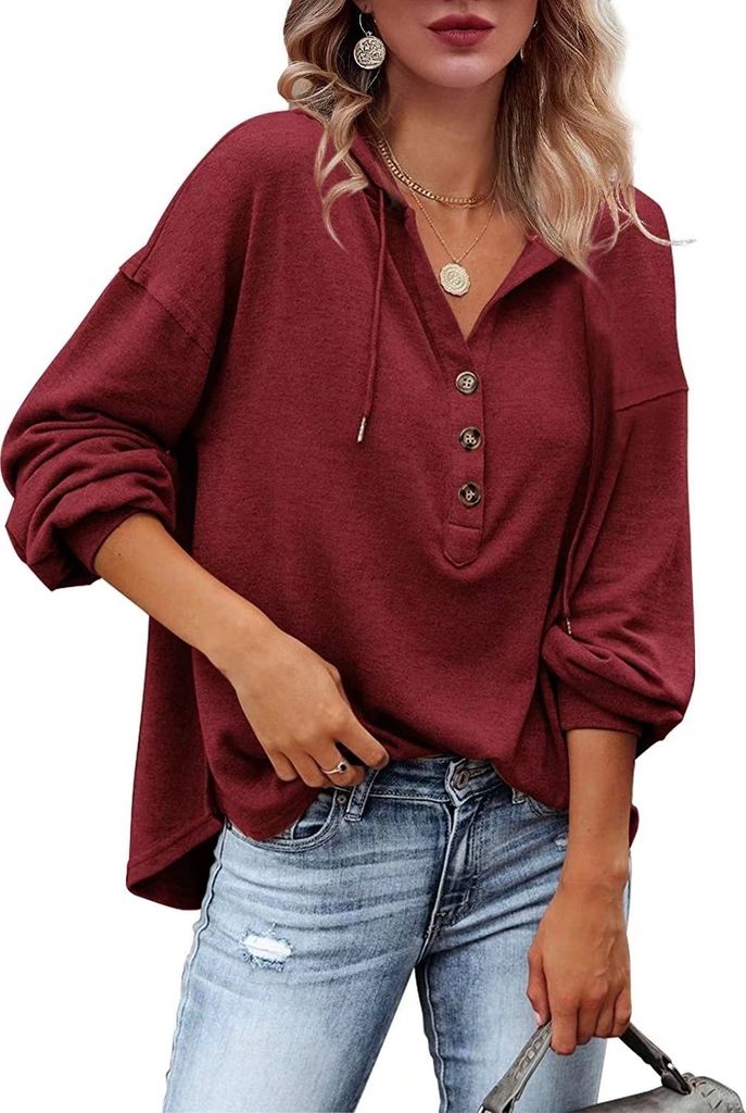 ASKSA Damen Kapuzenpullover Sweatshirts Hoodies Kordelzug Tiefer V-Ausschnitt Knopfleiste Tops, Weinrot, M