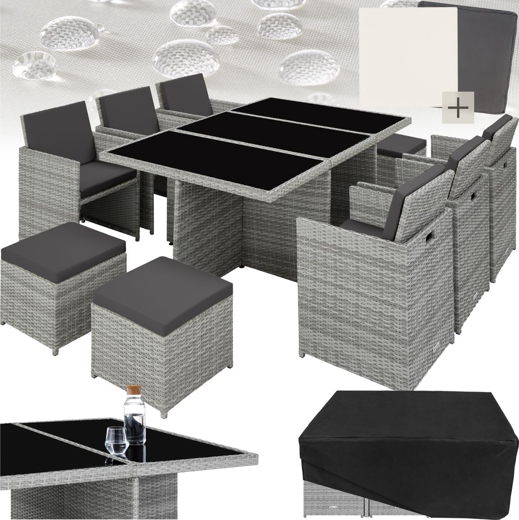 A rattan dining set with chairs, ottomans, and a table, along with a protective cover, displayed against a white background with water droplet graphics.