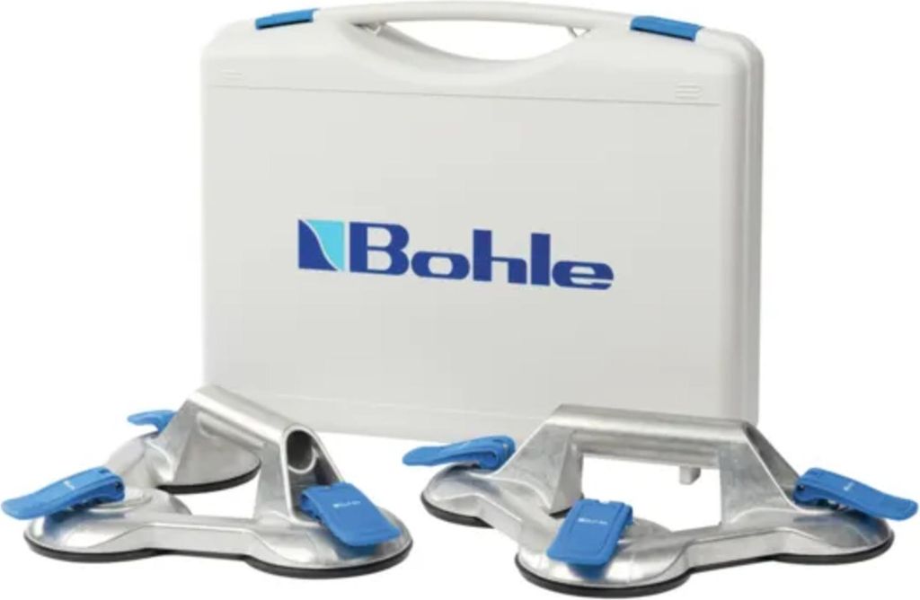 A white case with the Bohle logo and two suction cup lifters in front of it.