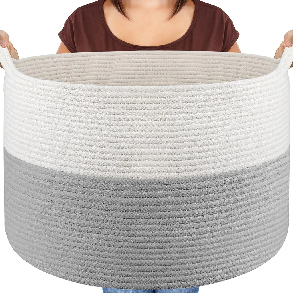 Panier à linge rond en corde de coton blanc et gris avec deux poignées