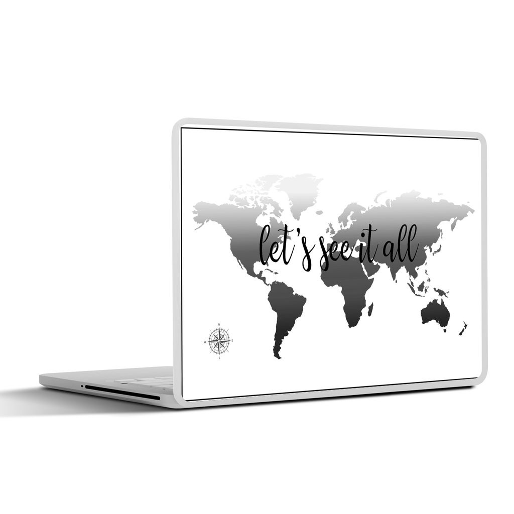 MuchoWow Laptop Aufkleber Sticker Cover Weltkarte mit dem Text "Let's see it all" - schwarz und weiß 36.5x27.5 cm - Laptop-Sticker