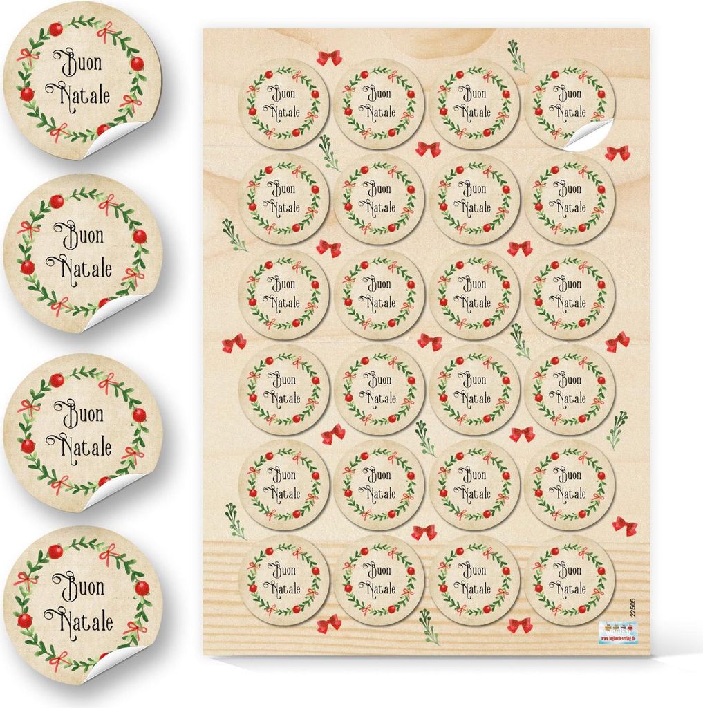 96 Buon Natale Aufkleber rund Ø 4 cm in Beige, Rot und Grün