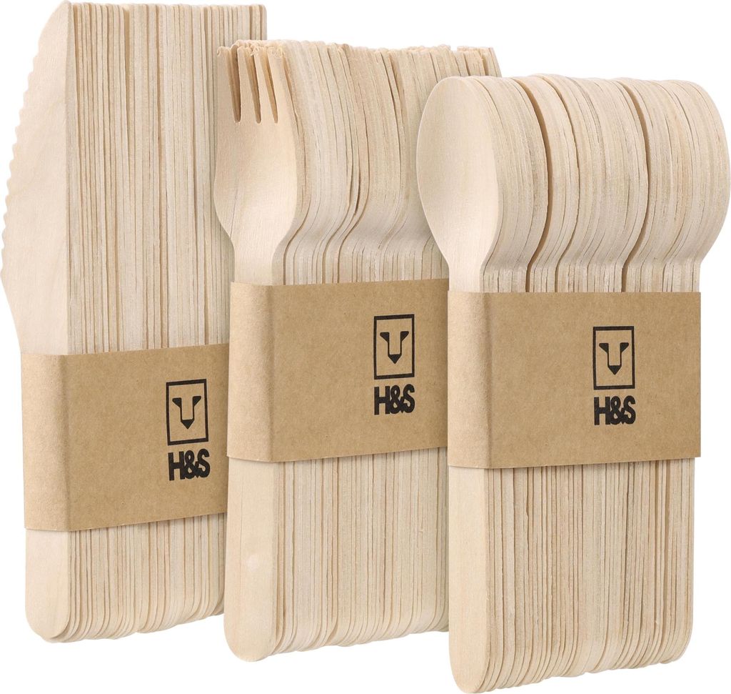 H&S Einweg Holzbesteck Set - 150 Stück Party Besteck - Je 50 Stück Löffel Messer Gabeln - Cutlery Set - Einwegbesteck stabil - Holzlöffel Messer