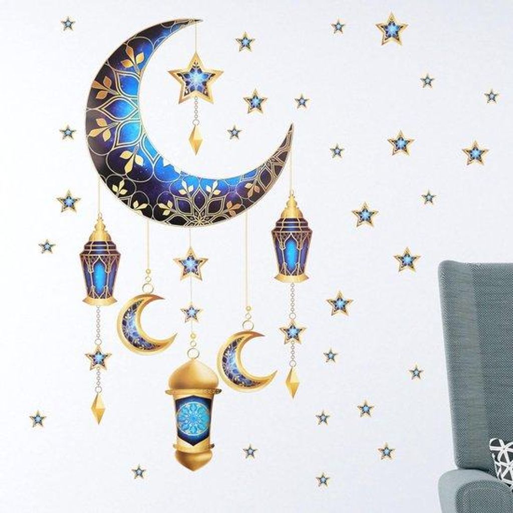 Famanu Wandsticker Ramadan - 39,8 x 60 cm - Wanddekoration - Mond- und Sternmuster - Laternen