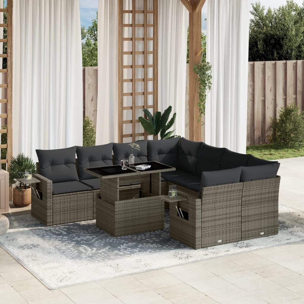 "Rabatt" 9-tlg. Garten-Sofagarnitur - mit sofa - mit Kissen Grau Poly Rattan - Lounge-Dining set CC10440