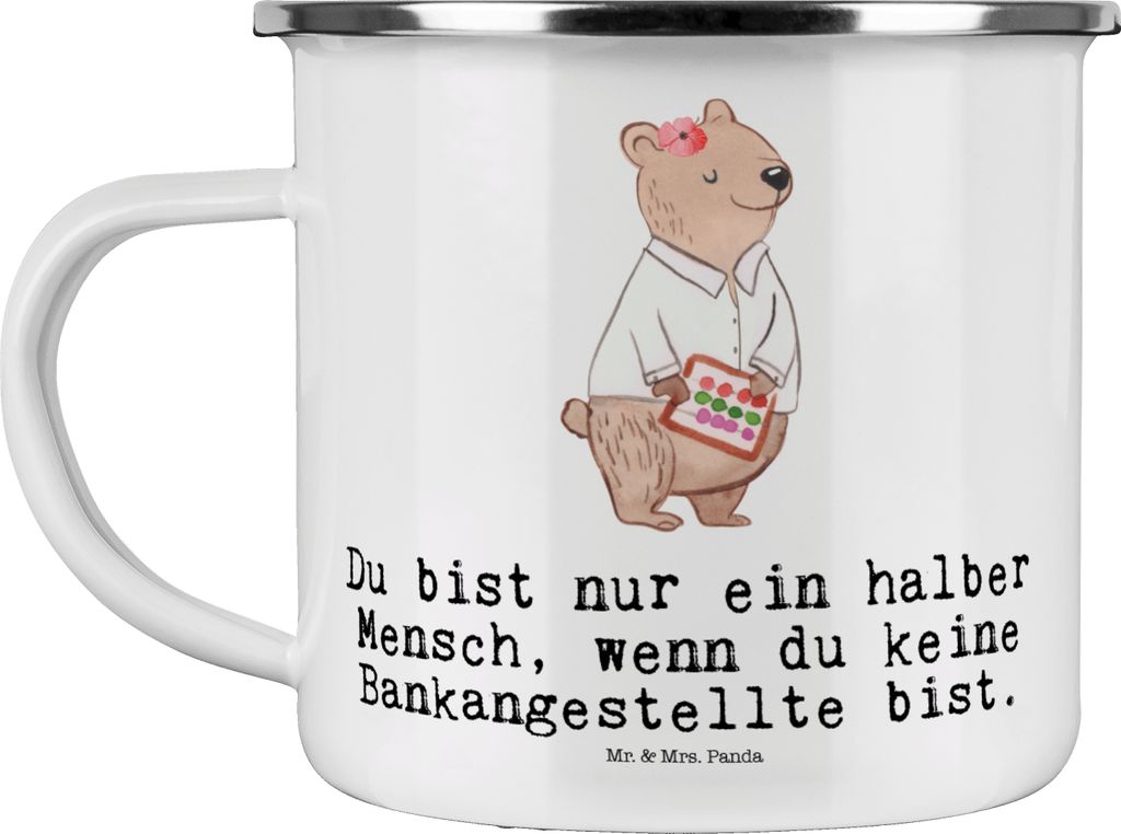 Mr. & Mrs. Panda Pott Bankangestellte Herz - Weiß - Geschenk, Emaille Becher, Blechtasse, Danke, Haferl, Witzig, Lustig, Teetasse, Spruch, Beruf, ...