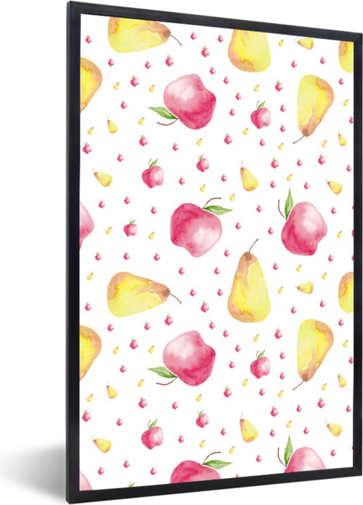 MuchoWow Gerahmtes Poster Obst - Aquarell - Muster 60x90 cm - Poster mit Schwarzem Bilderrahmen Wandposter Rahmen Foto Bilder - Kunst