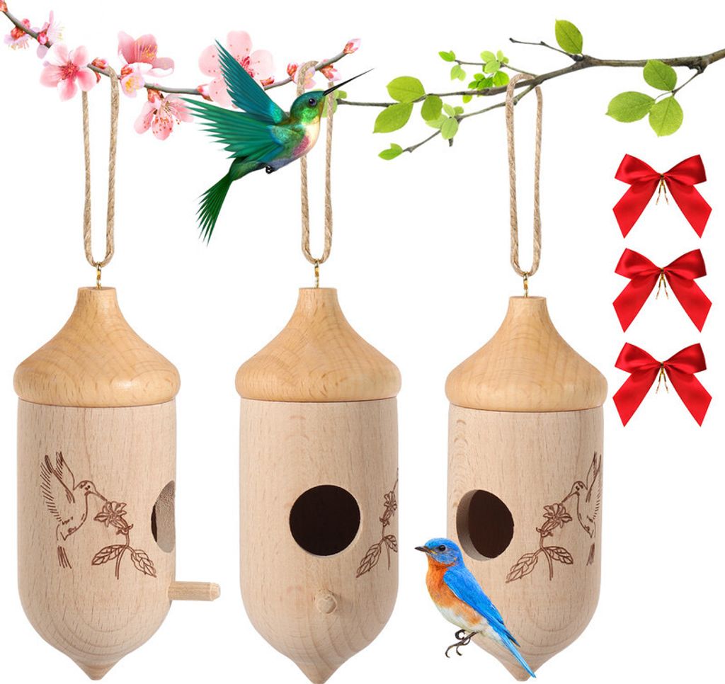 3er-Pack Kolibri-Häuschen aus Holz für den Außenbereich mit Nistmaterial und rotem Band zum Nisten, Gartengeschenke, Heimdekoration, Wildvogelsc...