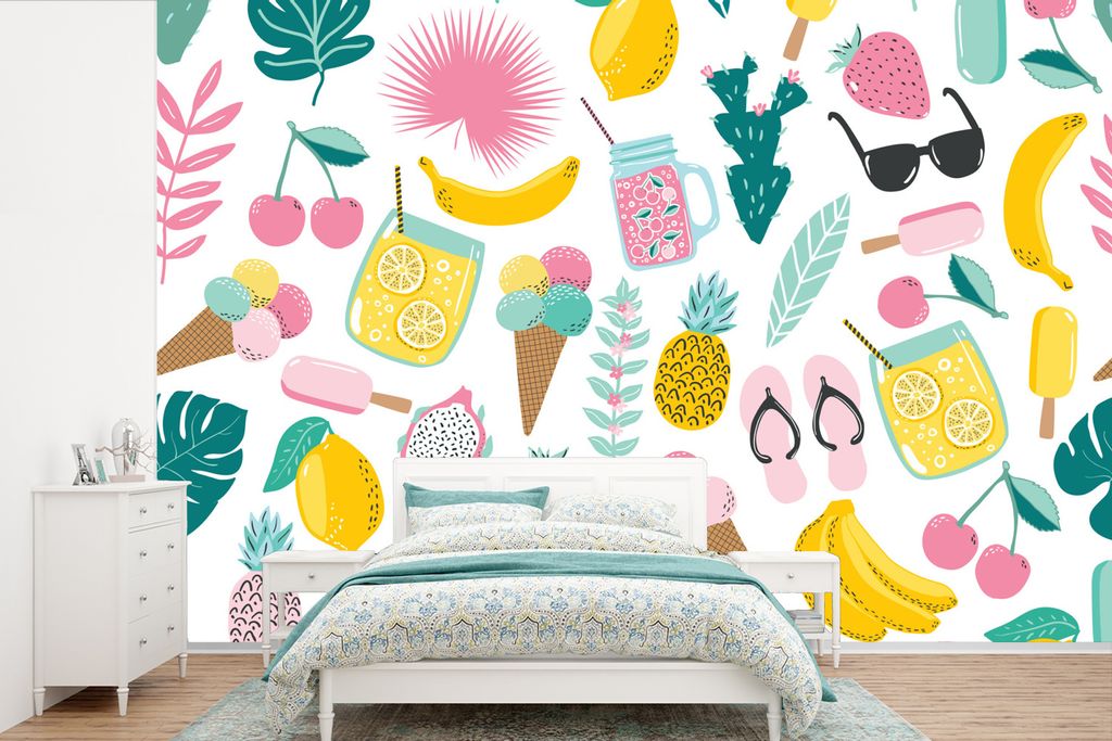 MuchoWow Fototapete für Wohnzimmer oder Schlafzimmer Wandtapete Vinyl Motivtapete Sommer - Symbole - Muster - 600x400 cm - Vinyltapeten