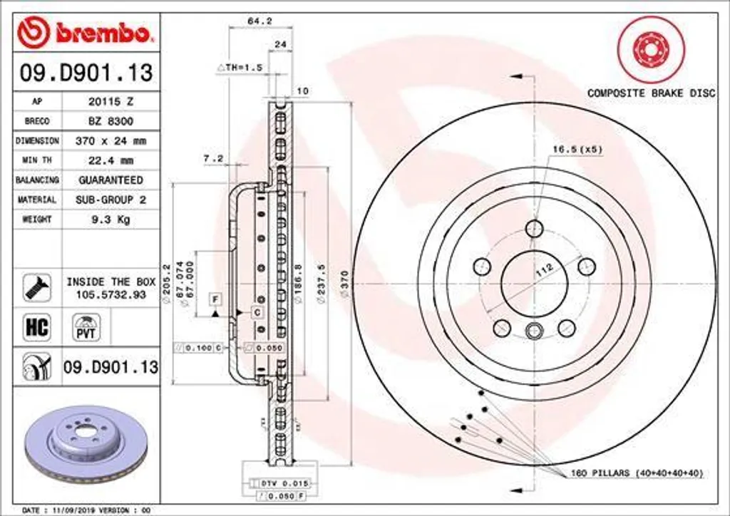 Disque de frein arrière Brembo 09.D901.13 pour BMW X4 G02 et X5 G05