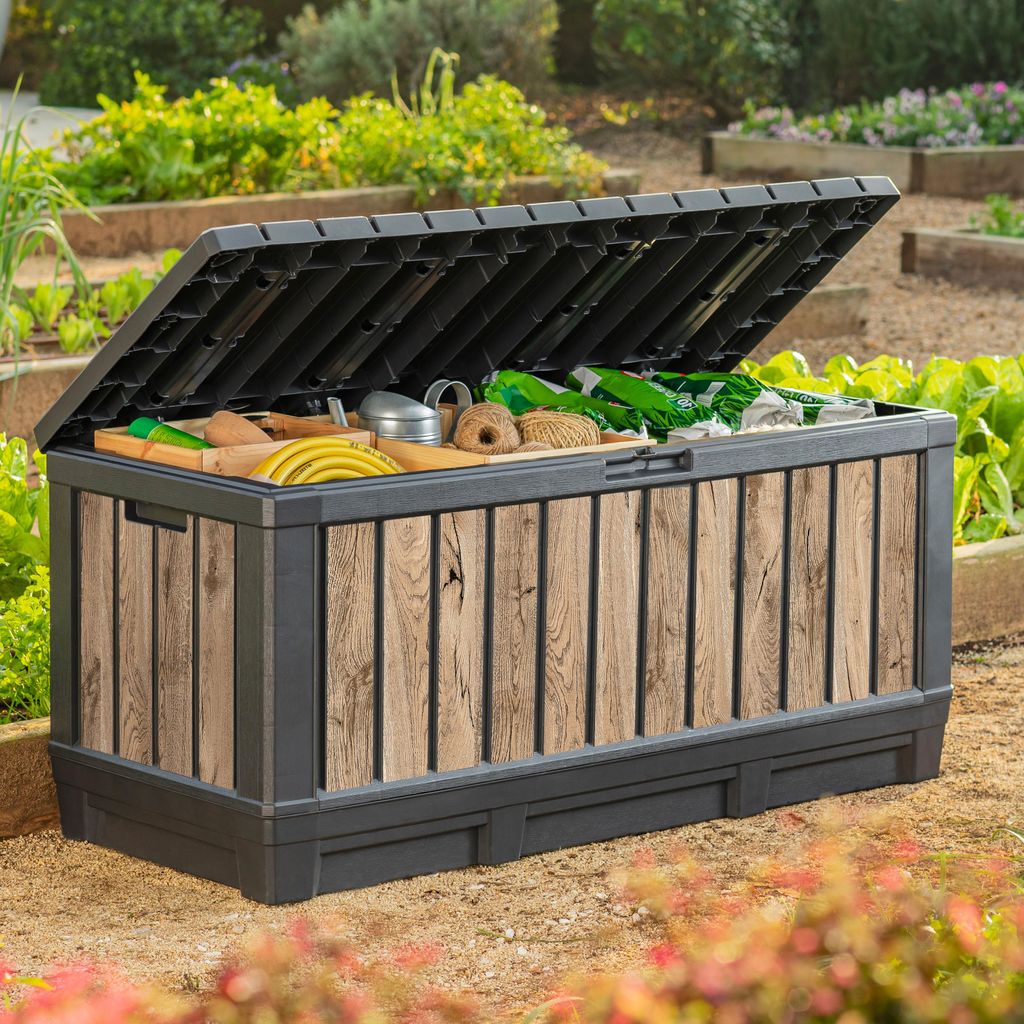 Keter Gartenbox Kentwood 350 Liter Holzoptik Pinie - Witterungsbestndige  Aufbewahrungsbox Mit Sitzfunktion