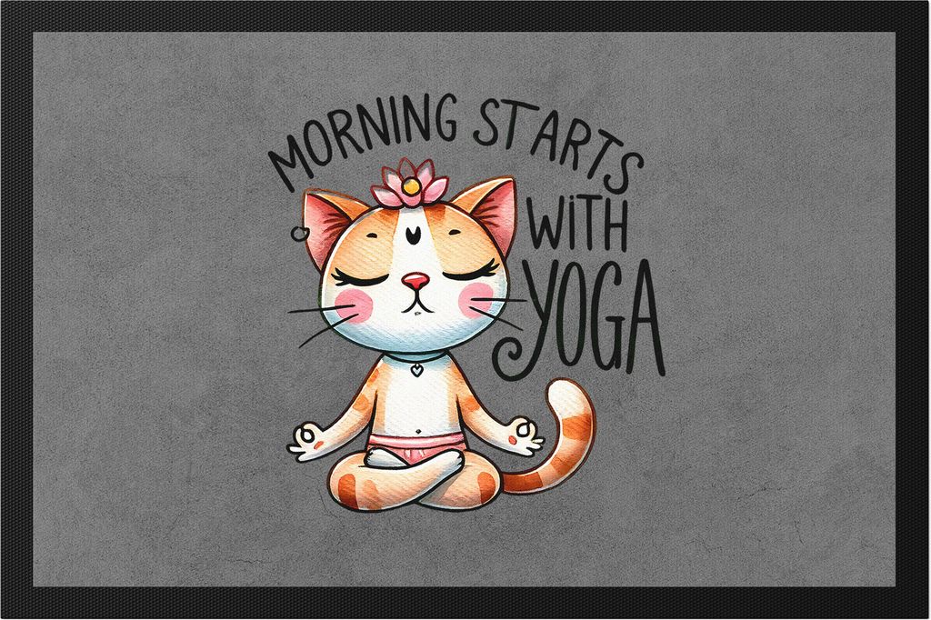 Morning Starts with Yoga Fußmatte Geschenkidee für Yoga-Fans und Katzenliebhaber