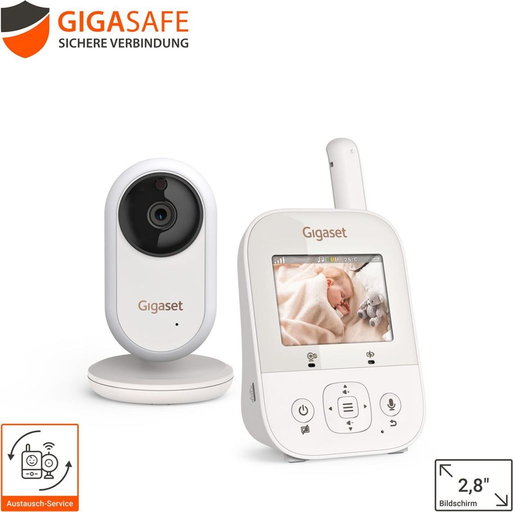 A white Gigaset baby monitor camera and parent unit are displayed on a white background.