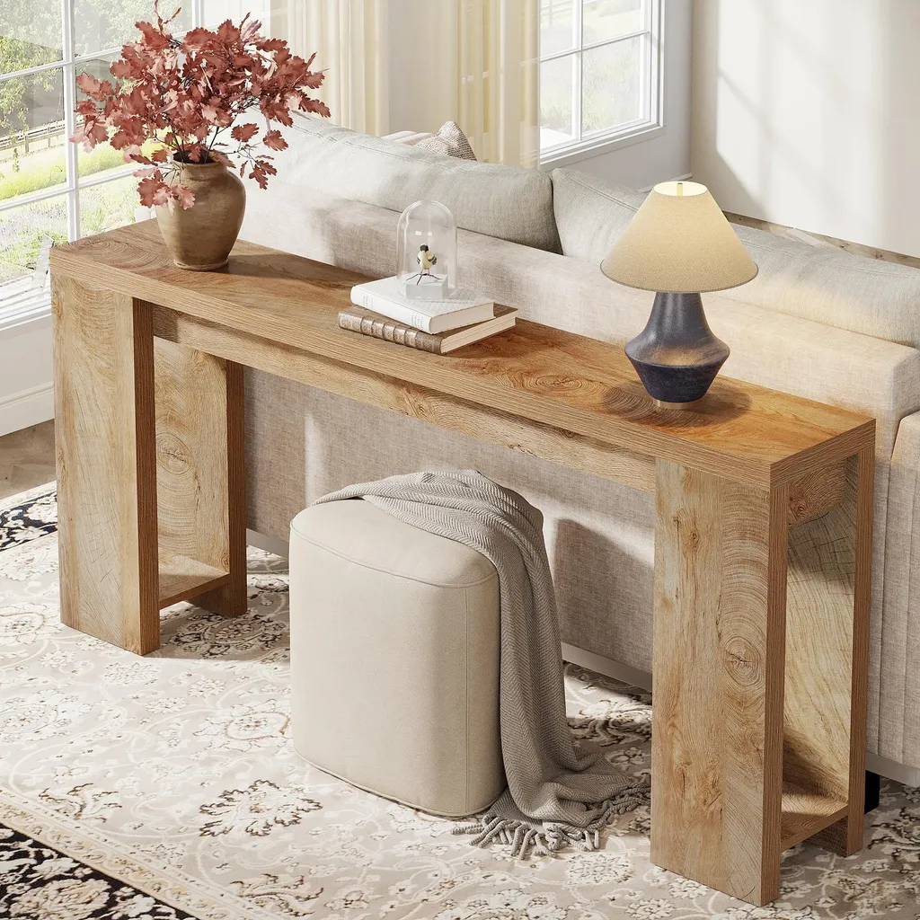 Console extra longue 160 cm en chêne brun clair avec rangement intégré