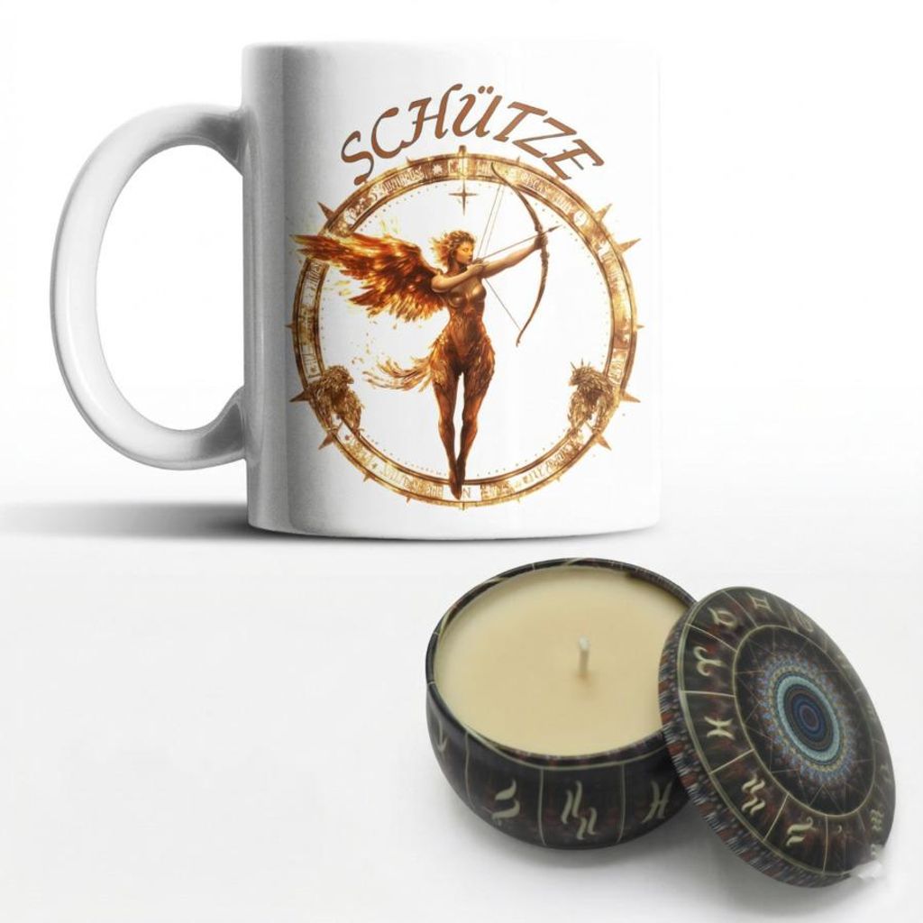 Sternzeichen Zodiac Kaffeetasse Teetasse Tasse 325 ml plus Sojawachs Kerze 80g - Schütze