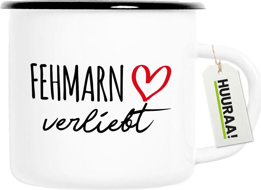 Huuraa Emaille Tasse Fehmarn verliebt 300ml Vintage Campingbecher Geschenkidee