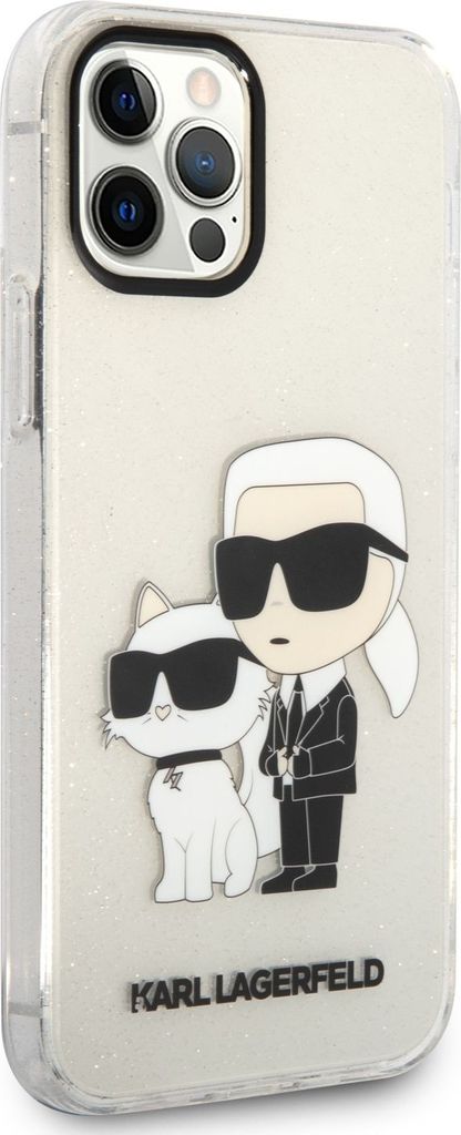 A clear, studio shot of a transparent iPhone case with glitter and a Karl Lagerfeld and Choupette graphic.