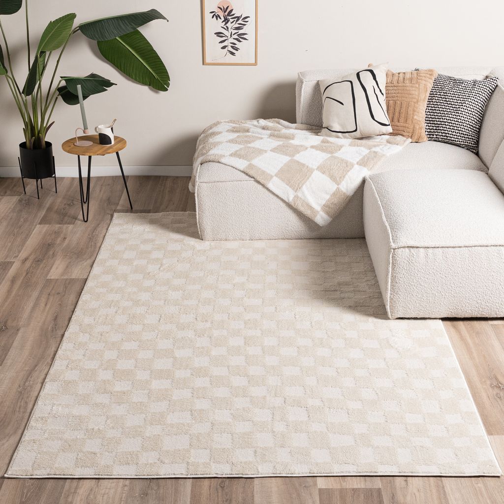 Volero - Japandi Teppich - Yori Checkerboard Creme - 240x340 cm - Wohnzimmer, Esszimmer, Schlafzimmer - Klassik, Ländlich, Modern, Skandinavisch