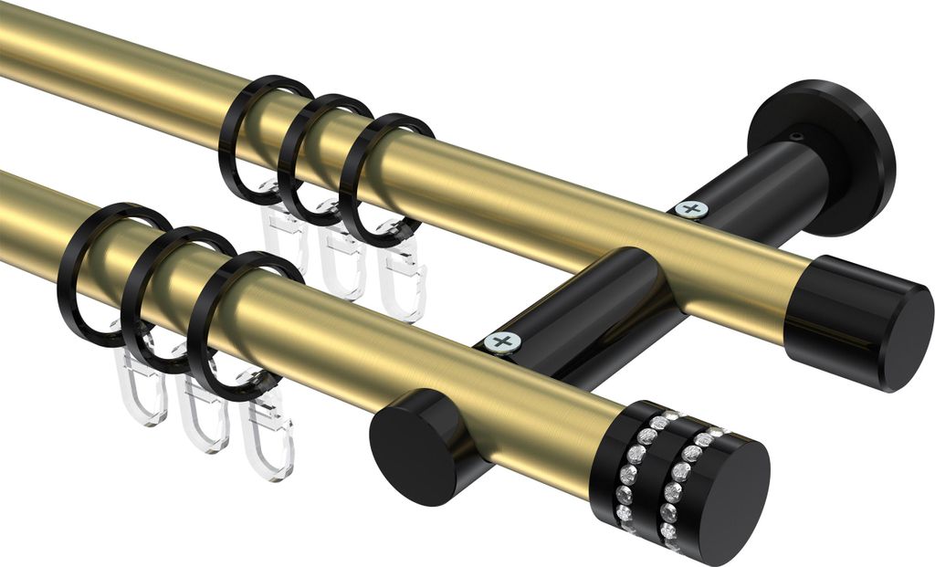 Interdeco Gardinenstange / Vorhangstange Messing-Optik / Schwarz, Typ Platon Estana (Glitzerkappe), 20 mm Ø 2-läufig, 600 cm