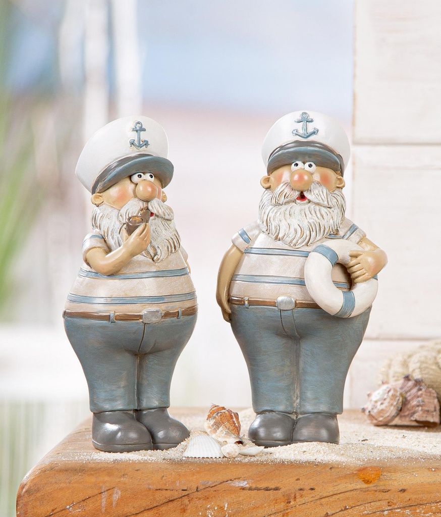 2er Set Figur Matrose " Kapitän Hinnerk, Kunstharz, 16 x 7,5 x 6,0cm mit Pfeife und Rettungsring