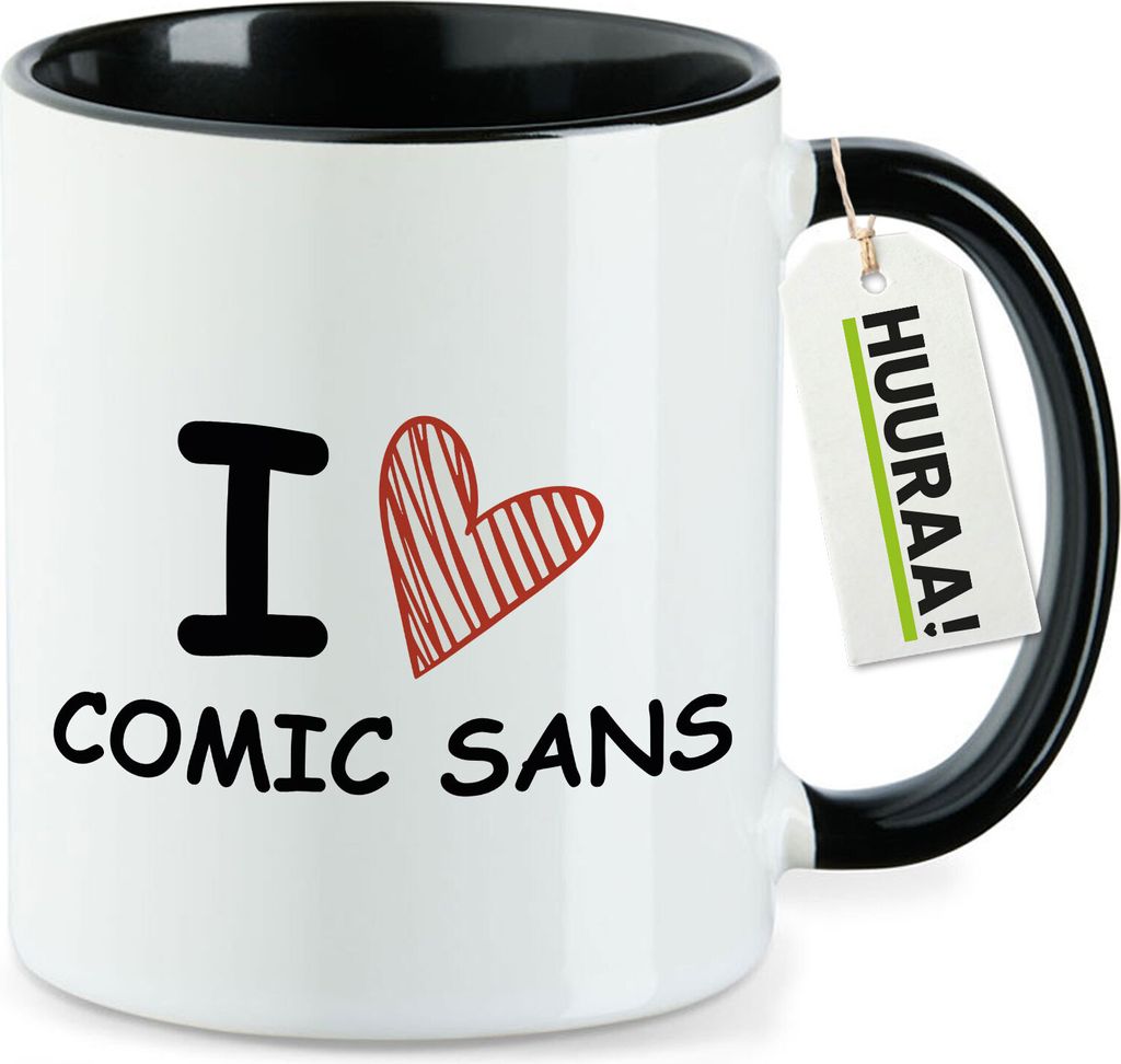 Huuraa Kaffeetasse I love Comic Sans Herz 330ml Schwarz Keramik Kaffeebecher Geschenkidee