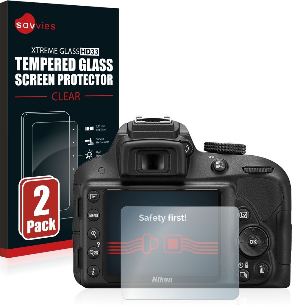 2x Savvies Schutzglas für Nikon D3300 Displayschutz 9H Glas klar transparent
