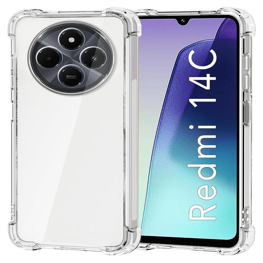A clear protective case for a Xiaomi Redmi 14C phone is shown, with the phone's screen displaying marketing text.